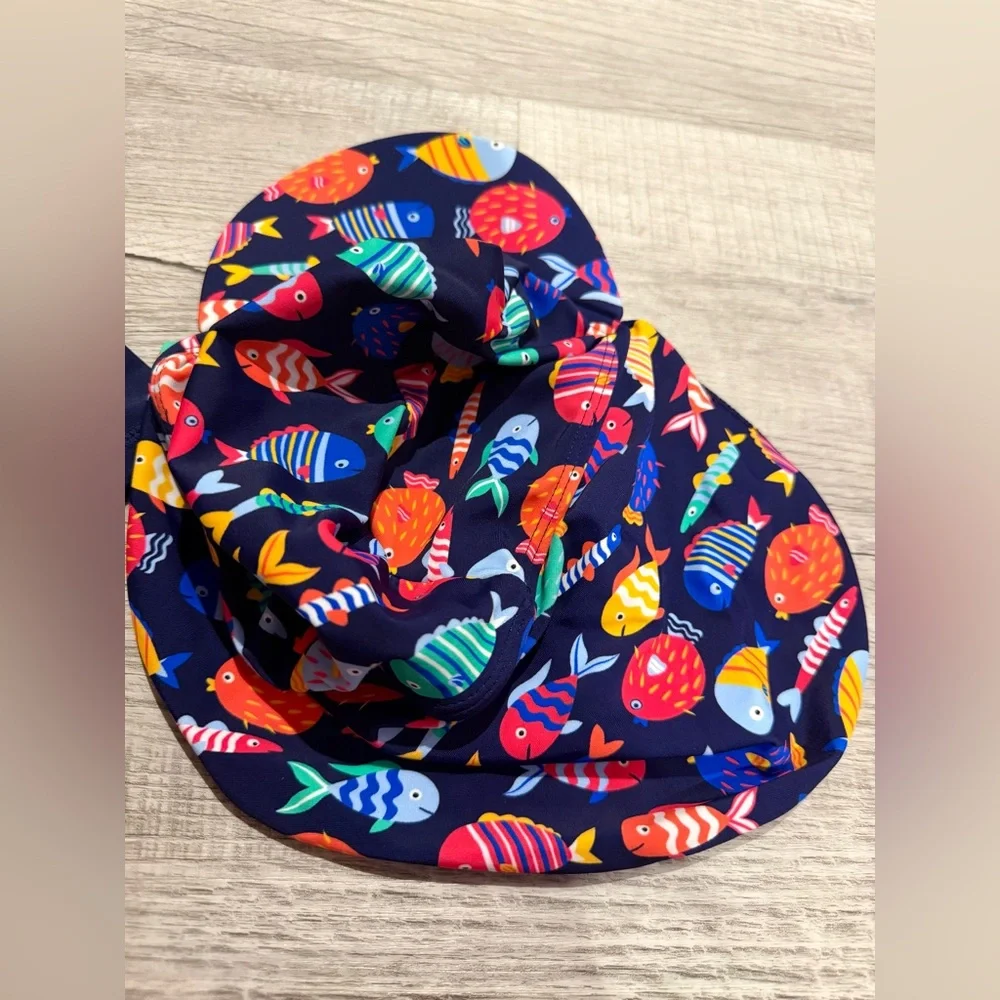 Kids Navy Fish-Print Long Sleeve Rashguard Swimsuit with Hat